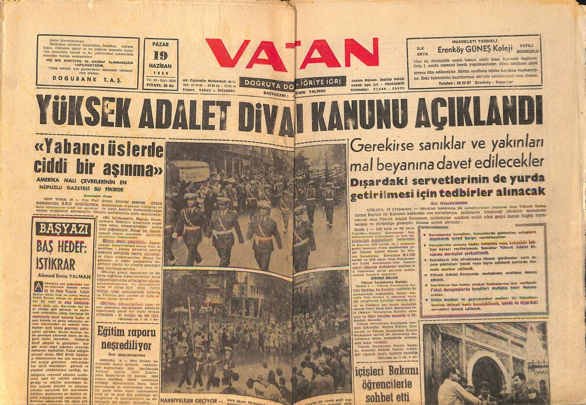 Vatan Gazetesi 19 Haziran 1960 - Yüksek Adalet Divanı Kanunu Açıklandı - Eğitim Raporu Neşrediliyor GZ155938 - 1
