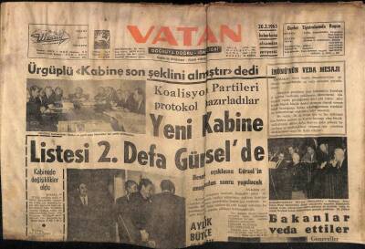 Vatan Gazetesi 19 Şubat 1965 - Yeni Kabine Listesi 2. Defa Gürselde GZ64784 - 1