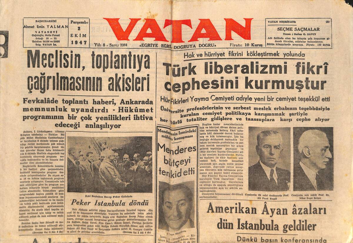 Vatan Gazetesi 2 Ekim 1947 - Menderes Bütçeyi Tenkid Etti - Amerikan Ayan Azaları Dün İstanbul'a Geldiler GZ146611 - 1