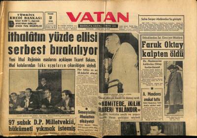 Vatan Gazetesi 2 Ekim 1960 - Faruk Oktay Kalpten Öldü GZ78718 - 1