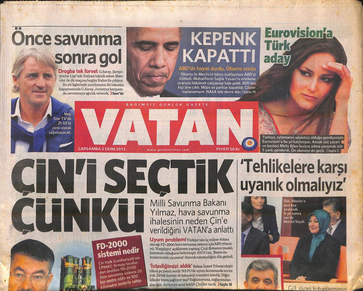 Vatan Gazetesi 2 Ekim 2013 - ABD'de Hayat Durdu , Obama Zorda - Conte : Terim'in Taktiği Olacak GZ160080 - 1