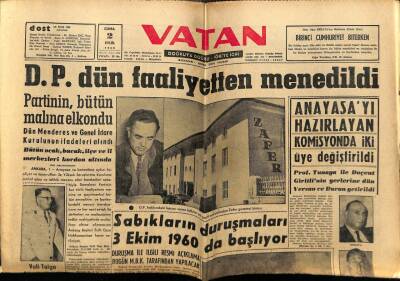 Vatan Gazetesi 2 Eylül 1960 - DP Faaliyetten Men Edildi GZ78914 - 1