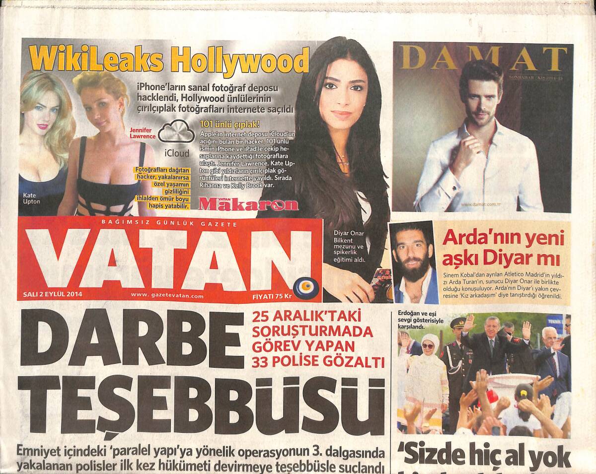 Vatan Gazetesi 2 Eylül 2014 - Arda Turan'ın Yeni Aşkı Diyar Mı - WikiLeaks Hollywood - TEOG Nakil Maratonu Başladı GZ136374 - 1
