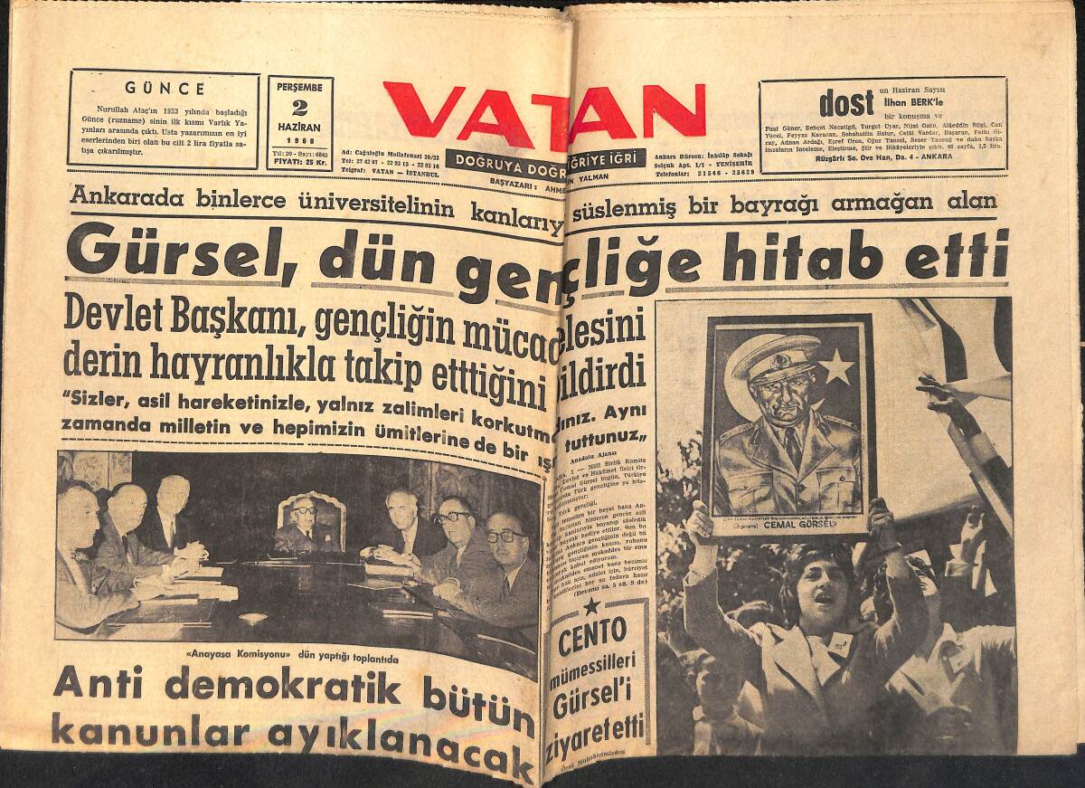 Vatan Gazetesi 2 Haziran 1960 - Gürsel , Dün Gençliğe Hitab Etti - İnönü'ye Tezahürat GZ155953 - 1