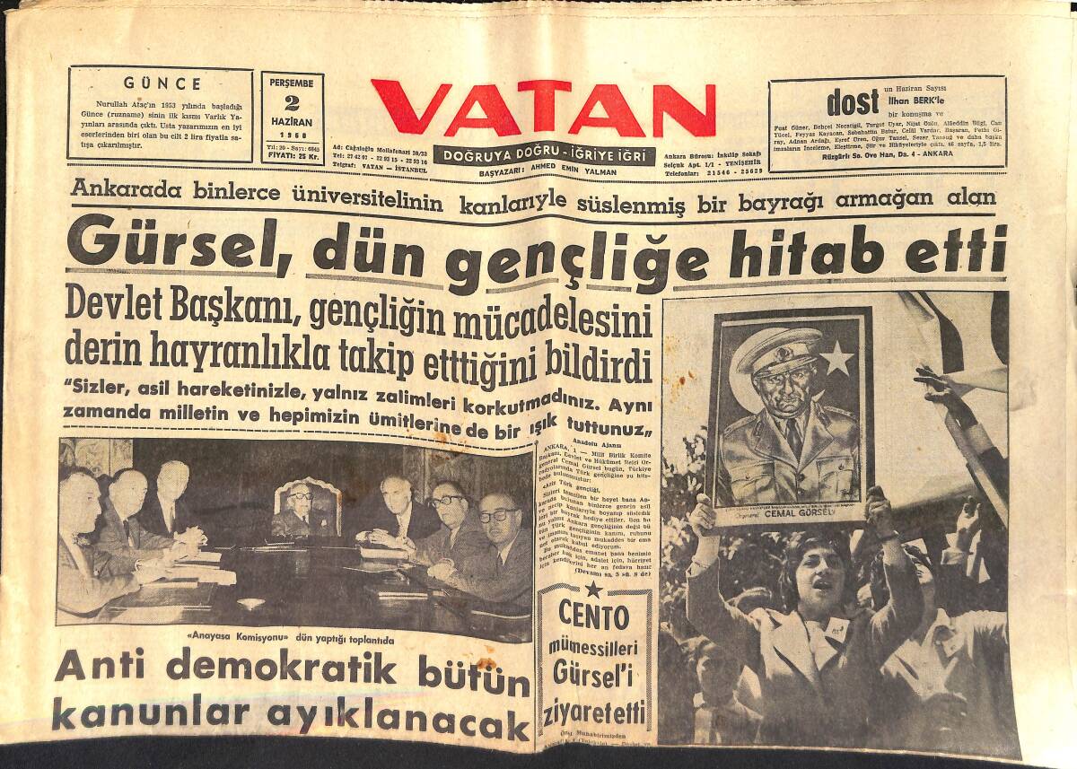Vatan Gazetesi 2 Haziran 1960 - İnönü'ye Tezahürat - Gürsel , Dün Gençliğe Hitab Etti GZ153973 - 1