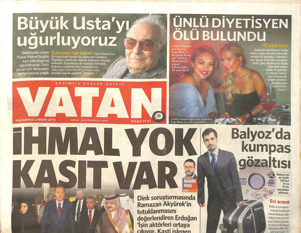 Vatan Gazetesi 2 Mart 2015 - Yaşar Kemal'i Bugün Son Yolculuğuna Uğurluyoruz - Yeni Sedan Türkler'e Göre Tasarlandı GZ159547 - 1