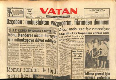 Vatan Gazetesi 20 Aralık 1958 - Özçoban Mebusluktan Vazgeçerim Fikrimden Dönmem GZ64685 - 2