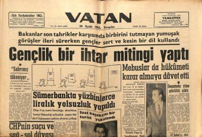 Vatan Gazetesi 20 Eylül 1962 - Gençlik Bir İhtar Mitingi Yaptı GZ64759 - 1