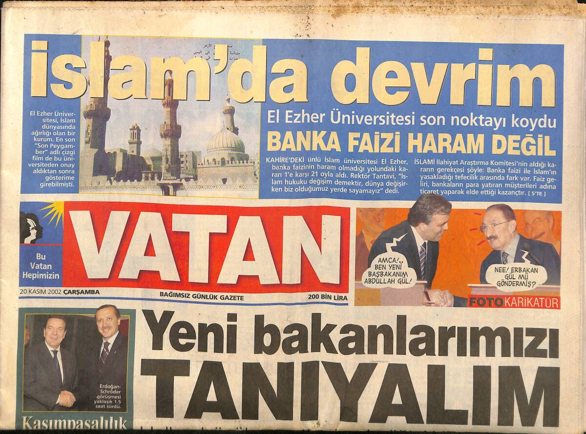 Vatan Gazetesi 20 Kasım 2002 - Bülent Ersoy Tek Konser İçin Tesettür Kostüm Diktirdi - Yeni Bakanlarımızı Tanıyalım GZ160067 - 1