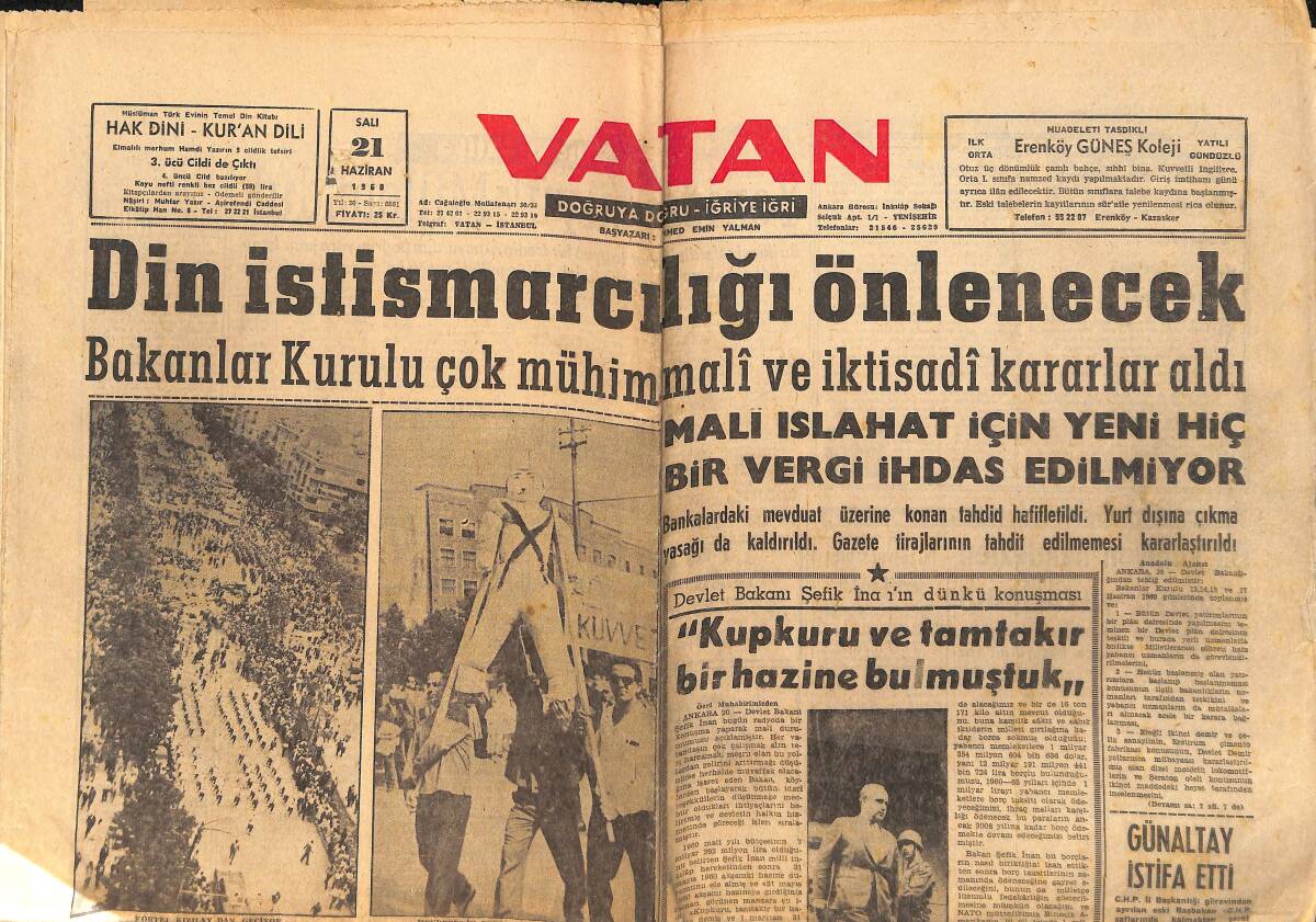 Vatan Gazetesi 21 Haziran 1960 - Günaltay İstifa Etti - Milli Reasürans'ta Büyük Yolsuzluk GZ155939 - 1