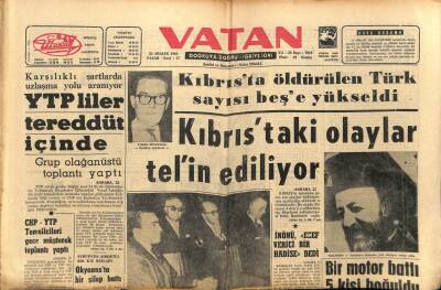 Vatan Gazetesi 22 Aralık 1963 - Kıbrısta Öldürülen Türk Sayısı 5e Yükseldi GZ75054 - 1