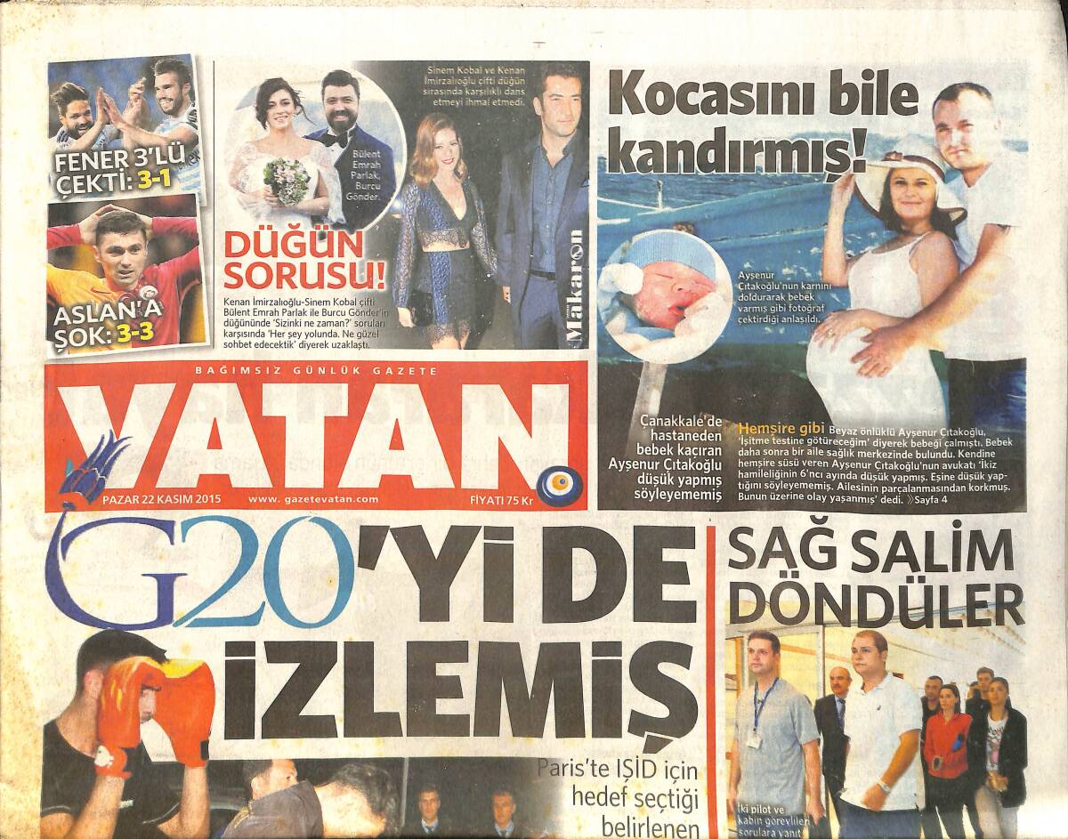 Vatan Gazetesi 22 Kasım 2015 - IŞİD'in Bebek Bombaları ! - Almanya'da OHAL İle Asker Sokağa İnebilir GZ159518 - 1
