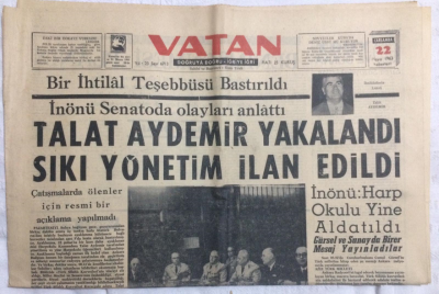 Vatan Gazetesi 22 Mayıs 1963 - Bir İhtilal Teşebbüsü Bastırıldı Talat Aydemir Yakalandı Sıkı Yönetim İlan Edildi - GZ21259 - 1