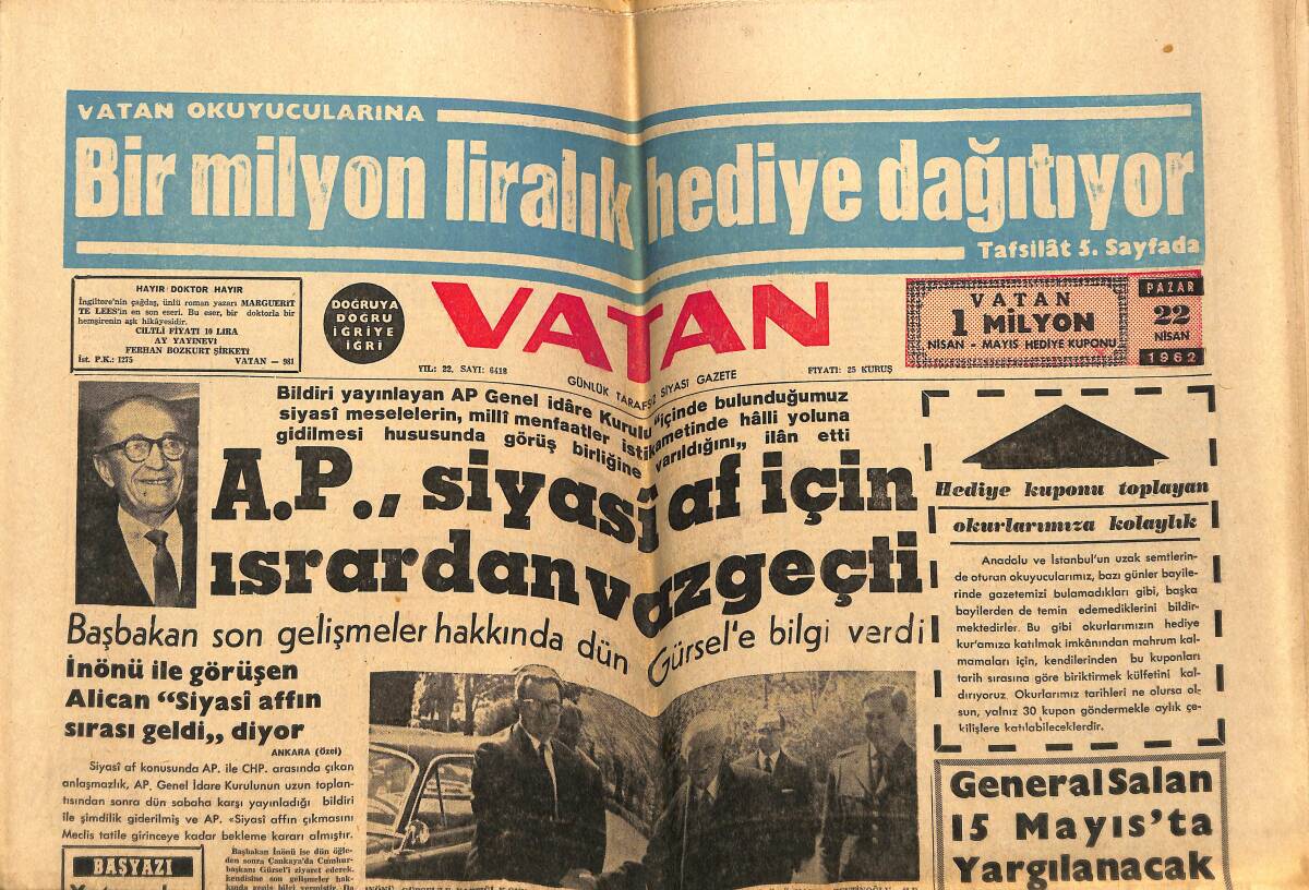 Vatan Gazetesi 22 Nisan 1962 - Arjantin Ordusu Rejim Konusunda İkiye Ayrıldı - Beşiktaş Hükmen Mâğlup Sayıldı GZ148773 - 1