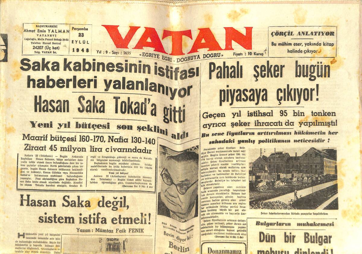Vatan Gazetesi 23 Eylül 1948 - Hasan Saka Değil, Sistem İstifa Etmeli! - Berlin Çıkmazı - Donanmamız Kuvvetlenecek GZ141832 - 1