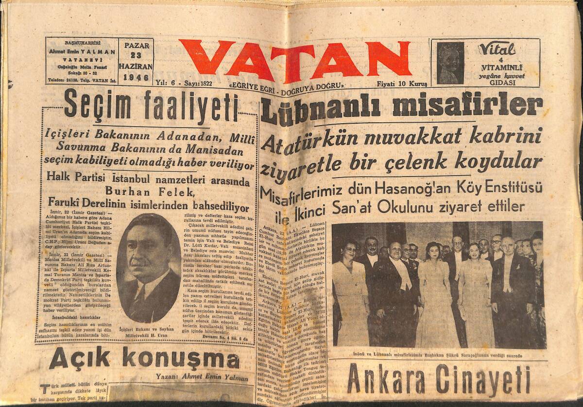 Vatan Gazetesi 23 Haziran 1946 - Lübnanlı Misafirler - Orgeneral Cemil Cahit Toydemir - Ankara Cinayeti GZ146617 - 1