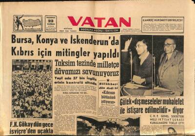 Vatan Gazetesi 23 Haziran 1958 - Bursa,Konya Ve İskenderunda Kıbrıs İçin Mitingler Yapıldı GZ91098 - 1