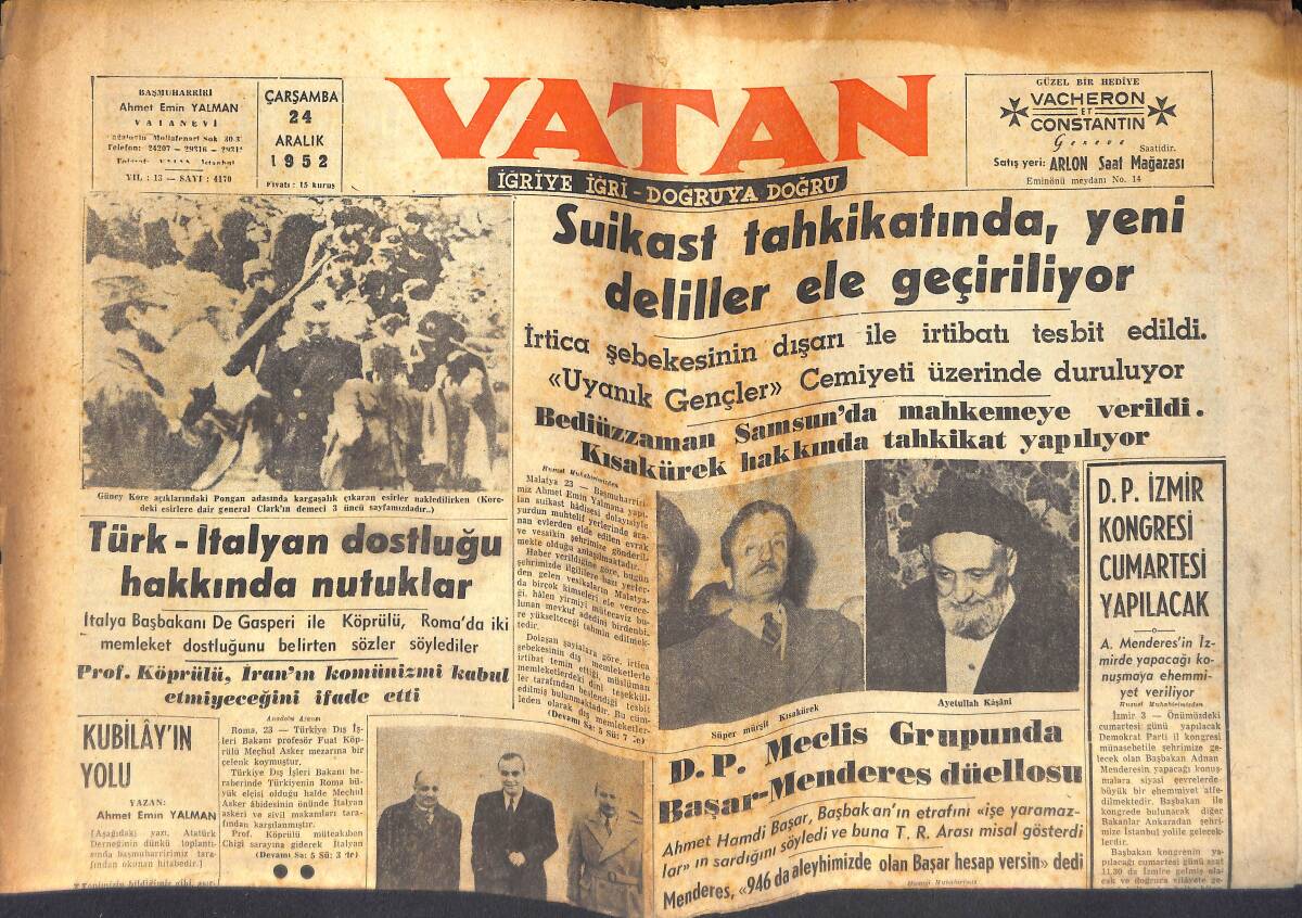 Vatan Gazetesi 24 Aralık 1952 - Kemalist Partisi Kurulacağı Teyit Edildi - Fransız Kabilesi İstifa Etti GZ132697 - 1