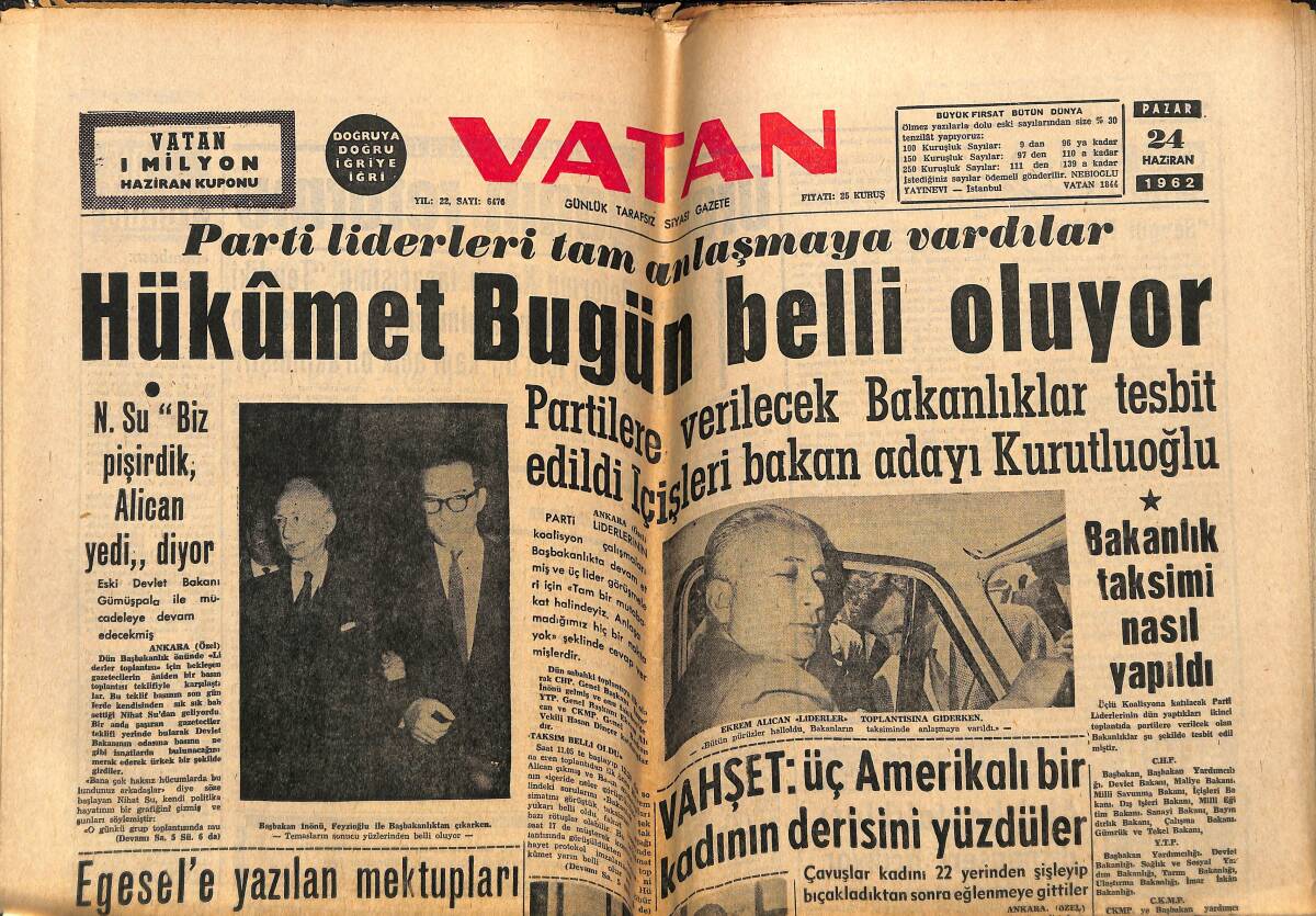 Vatan Gazetesi 24 Haziran 1962 - Egesel'e Yazılan Mektupları Çalan Ve Çaldıran Yakalandı - Kırkpınar Bugün Törenle Kapanıyor GZ143344 - 1