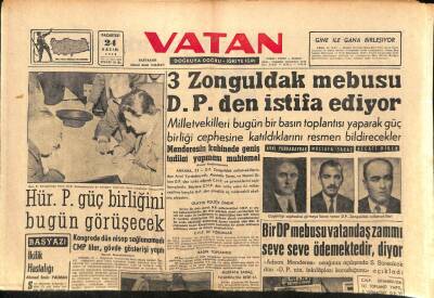 Vatan Gazetesi 24 Kasım 1958 - Bir DP Mebusu Vatandaş Zammı Seve Seve Ödemektedir , diyor GZ91100 - 1