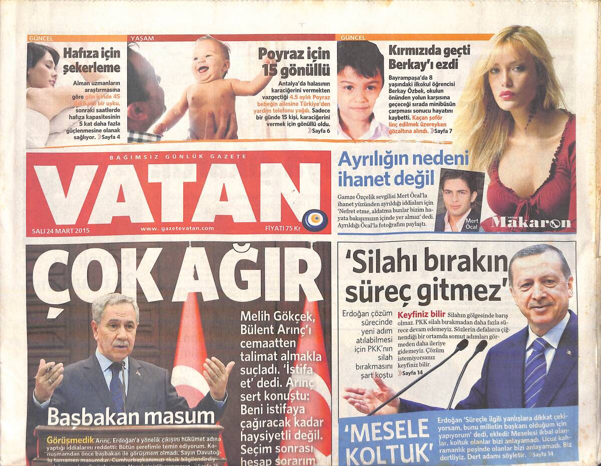 Vatan Gazetesi 24 Mart 2015 - Çankaya'da İlk Buluşma - Melih Gökçek , Bülent Arınç'ı Cemaatten Talimat Almakla Suçladı GZ159788 - 1