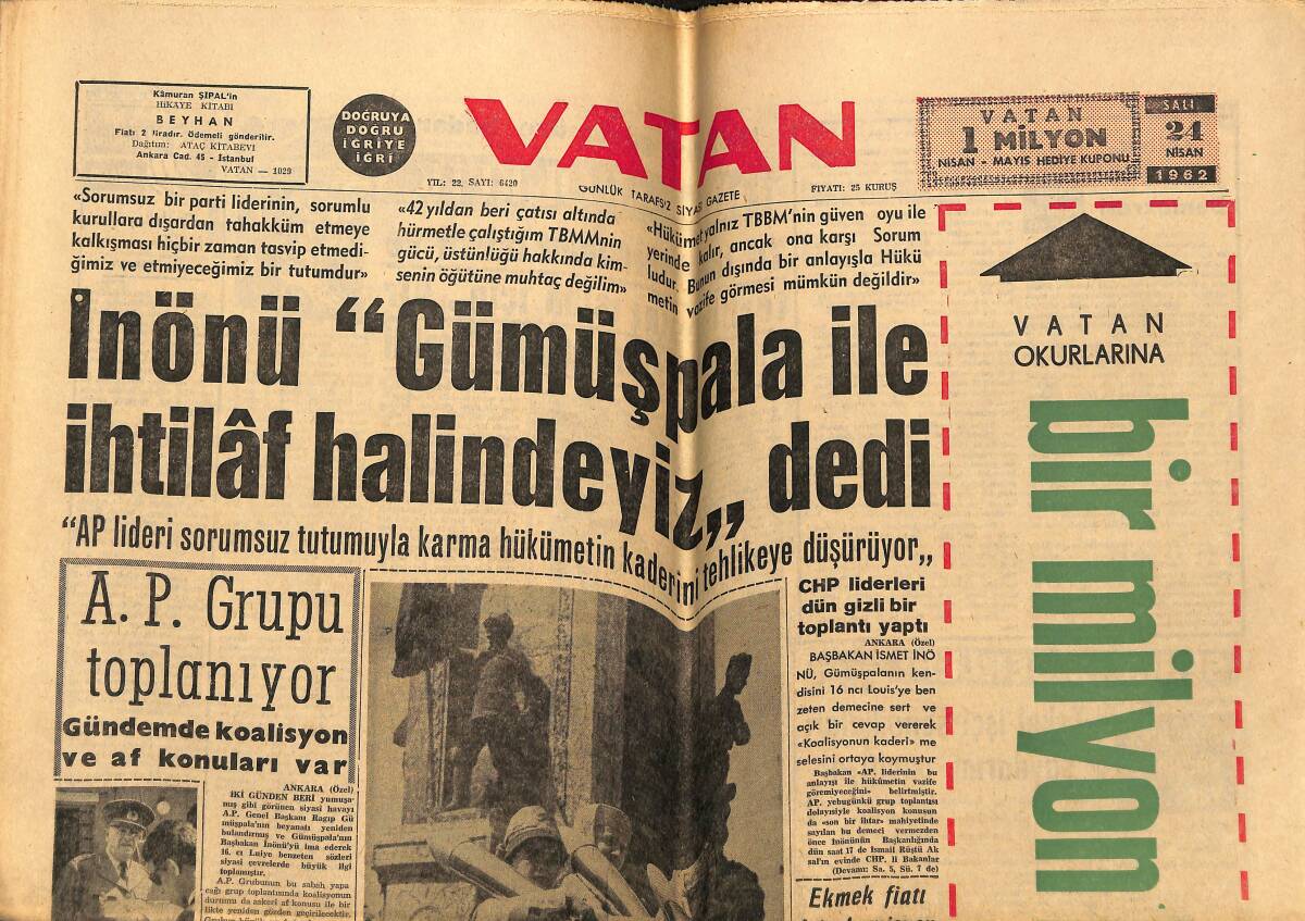 Vatan Gazetesi 24 Nisan 1962 - Tahtakılıç CKMP'den Atılacak - Gürsel 23 Nisan Ve Af... GZ148706 - 1