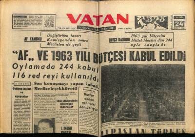 Vatan Gazetesi 24 Şubat 1963 - Af Ve 1963 Yılı Bütçesi Kabul Edildi GZ89176 - 1