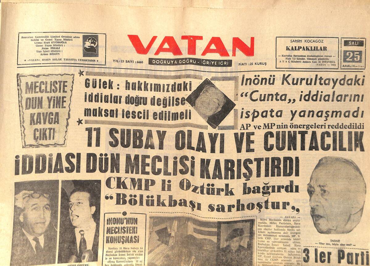 Vatan Gazetesi 25 Aralık 1962 - Reşide Bayar Dün Vefat Etti - Ordu Takımımız Hollanda Ve Lüksemburg'la Oynuyor GZ156615 - 1