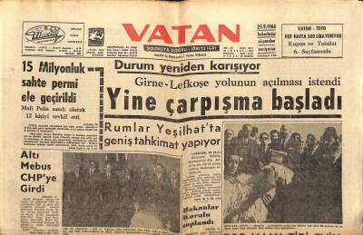 Vatan Gazetesi 25 Eylül 1964 - Girne Lefkoşe Yolunun Açılması İstendi GZ64740 - 1