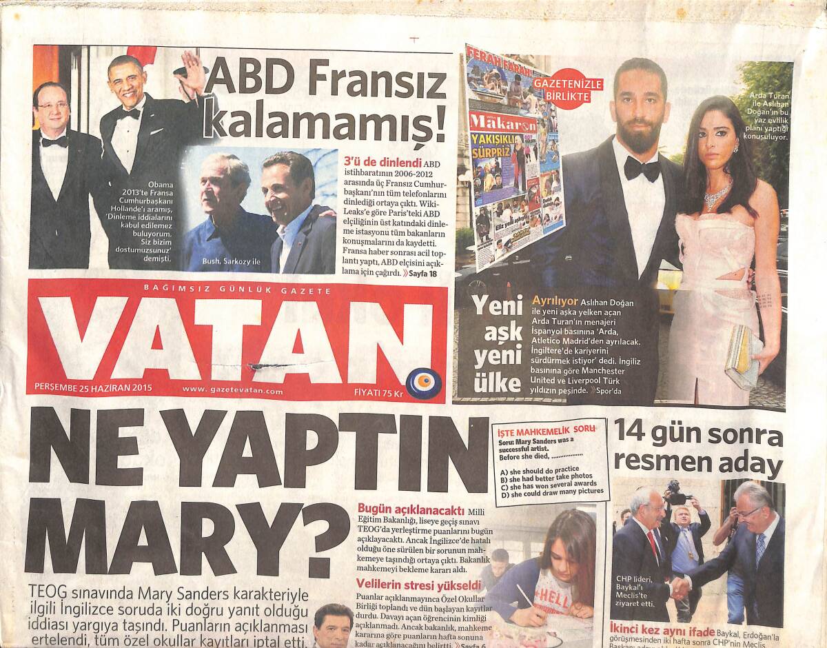 Vatan Gazetesi 25 Haziran 2015 - Arda Turan Yeni Aşk Yeni Ülke - CHP 'Deniz Baykal' Dedi - Başkanlık Satrancı GZ136258 - 1