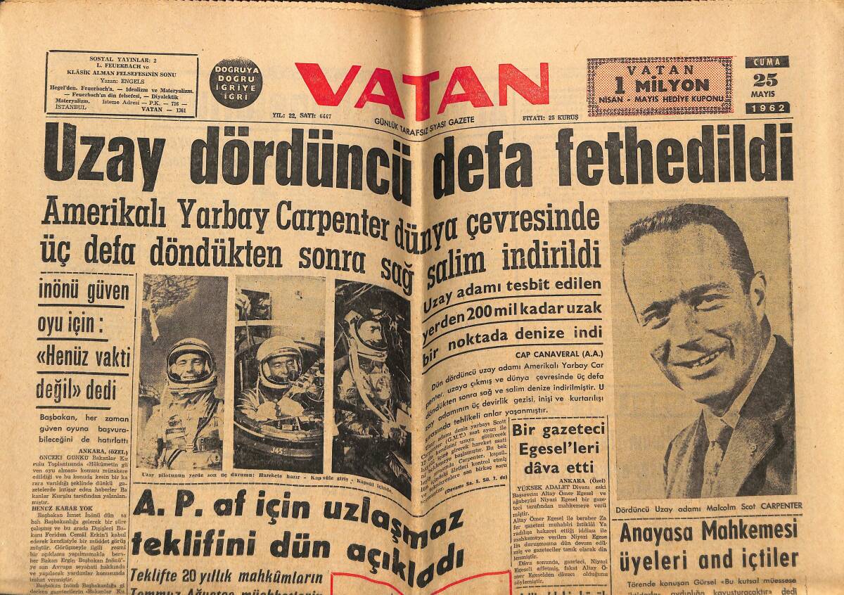 Vatan Gazetesi 25 Mayıs 1962 - Uzay Dördüncü Defa Fethedildi - Anayasa Mahkemesi Üyeleri And İçtiler GZ148779 - 1