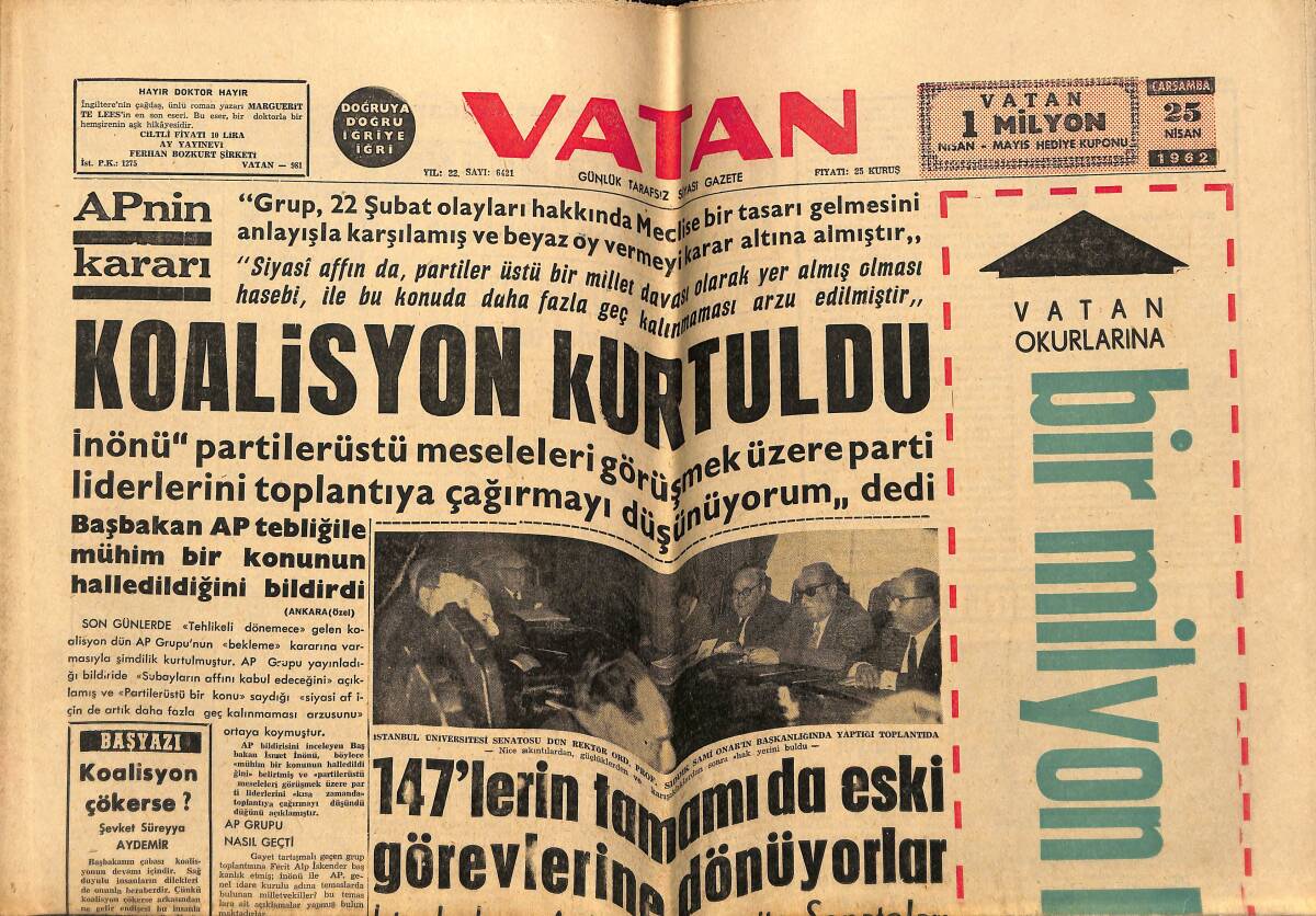 Vatan Gazetesi 25 Nisan 1962 - Lefkoşe'de İki Türk Gazeteci Katledildi - Kennedy Nükleer Denemeye Başlamak İçin Emir Verdi GZ148702 - 1