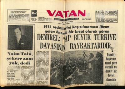 Vatan Gazetesi 26 Eylül 1973 - Naim Talu Şekere Zam Yok Dedi GZ78972 - 1