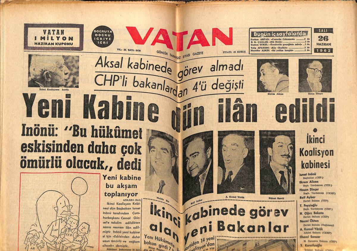 Vatan Gazetesi 26 Haziran 1962 - Gönül Yazar Yargılandı - Kraliçe Elizabeth Ve Kocası Edinburg Nihayet Yan Yana GZ143350 - 1
