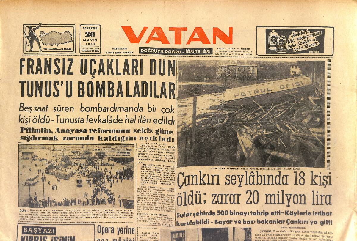 Vatan Gazetesi 26 Mayıs 1958 - Lübnan'da Çarpışmalar Yeniden Başladı - Fransız Uçakları Dün Tunus'u Bombaladı GZ153430 - 1