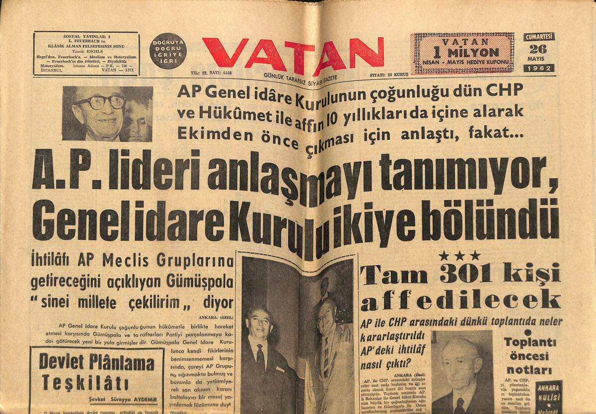 Vatan Gazetesi 26 Mayıs 1962 - Almanyadaki İşçilerimizle Temas Edilecek - A.P. Lideri Anlaşmayı Tanımıyor GZ148783 - 1