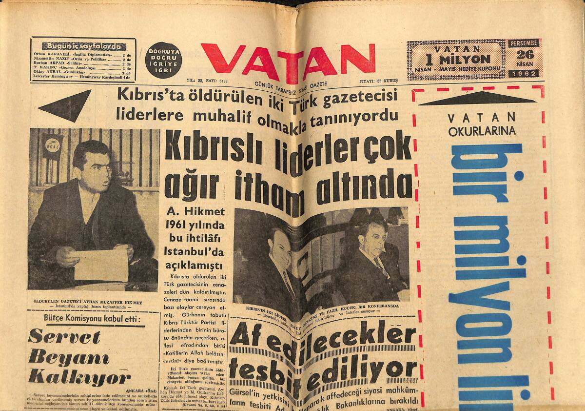 Vatan Gazetesi 26 Nisan 1962 - Liz Taylor , İntihara Teşebbüs Etti - N. İpar Şilebinde 26 Bin Mermi Bulundu GZ148792 - 1