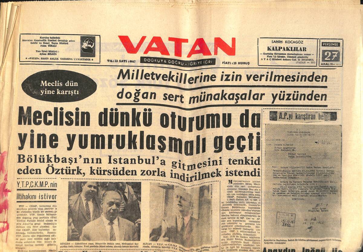 Vatan Gazetesi 27 Aralık 1962 - Galatasaray Karşıyaka'da 6 Gol Attı - Sağlamer'in Tahliye İsteği Reddedildi GZ156614 - 1