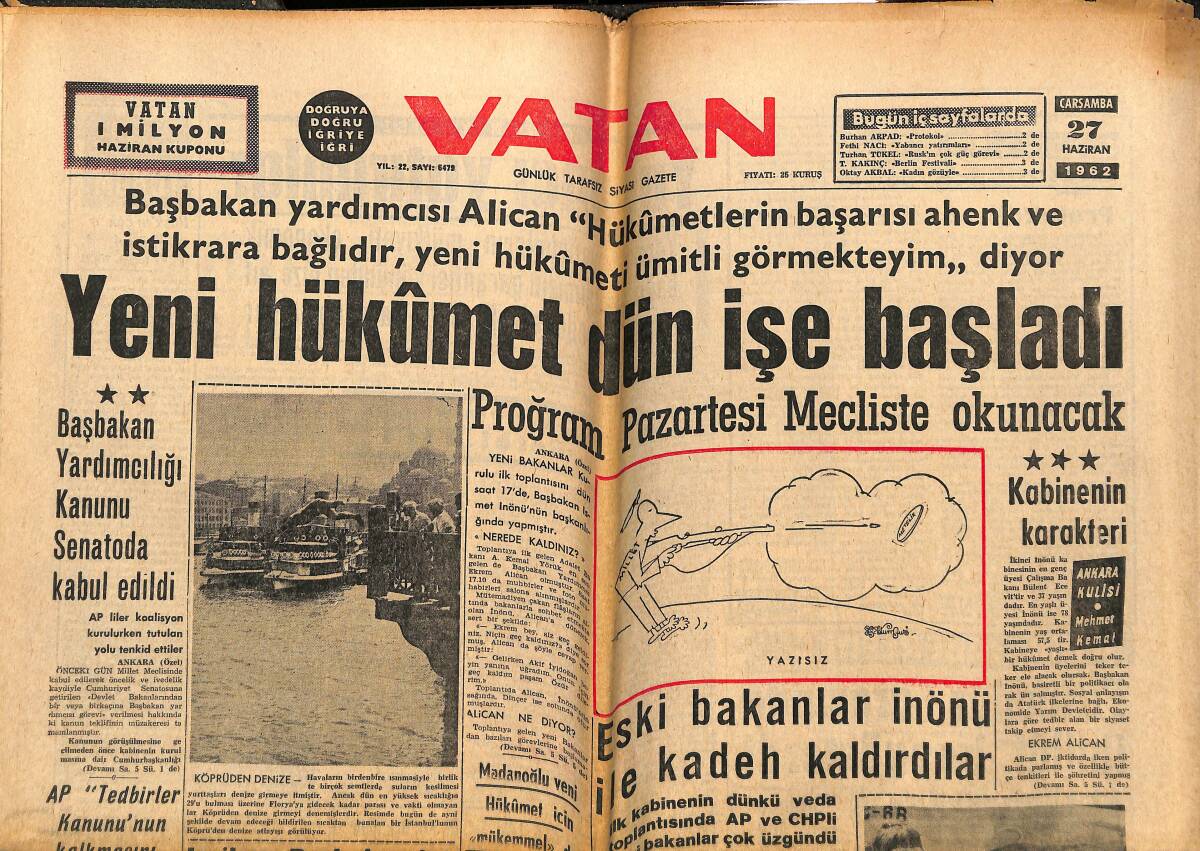 Vatan Gazetesi 27 Haziran 1962 - Yeni Hükümet Dün İşe Başladı - İtalyan Film Yıldızı Gina Lollobrigida GZ143335 - 1