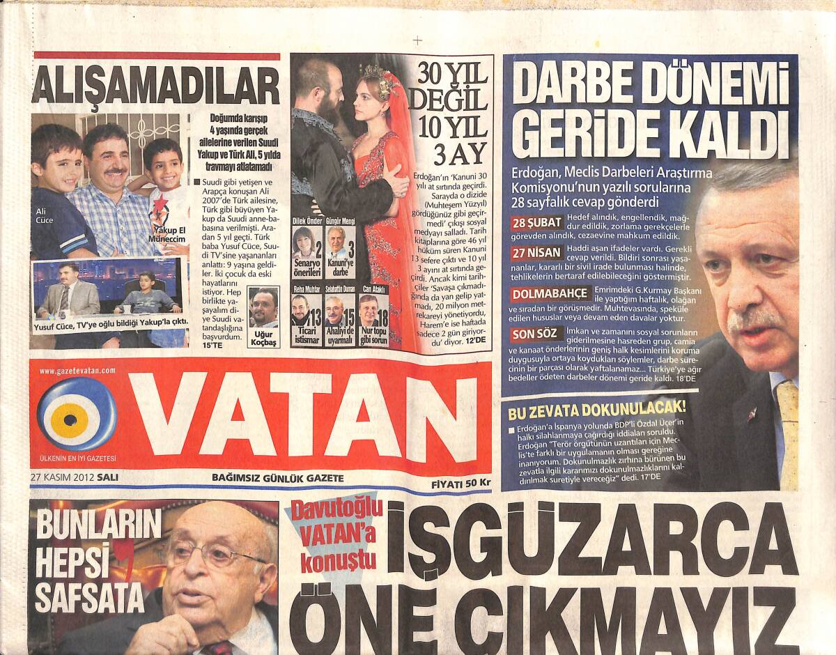 Vatan Gazetesi 27 Kasım 2012 - Darbe Dönemi Geride Kaldı - Türkeş'in Kızına Green Card - 533 Bin Gence Burs Ve Kredi GZ136371 - 1