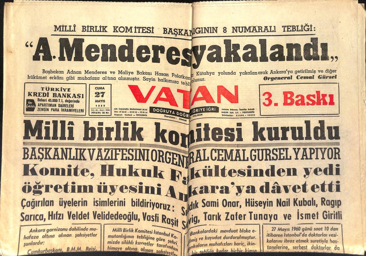 Vatan Gazetesi 27 Mayıs 1960 - İstanbul Ve Ankara'nın Valileri Tayin Edildi - Milli Birlik Komitesi Kuruldu GZ153968 - 1