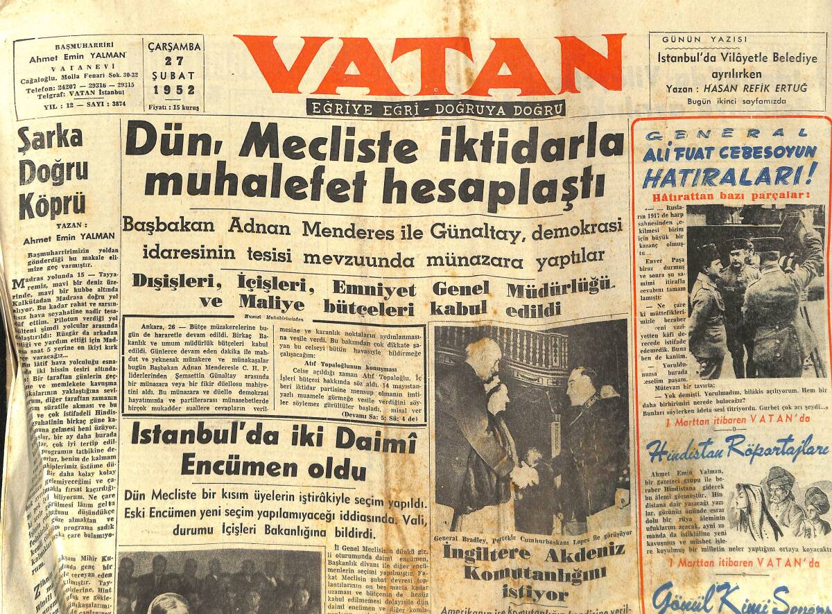 Vatan Gazetesi 27 Şubat 1952 - Dün, Mecliste İktidarla Muhalefet Hesaplaştı - Genç Milli Takımımız Atina'ya Gitti GZ133418 - 1