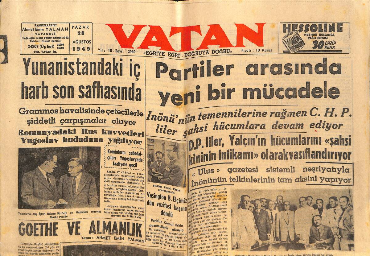 Vatan Gazetesi 28 Ağustos 1949 - Yunanistan'daki İç Harp Son Safhasında - Geothe Ve Almanlık GZ146792 - 1