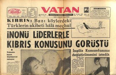 Vatan Gazetesi 29 Aralık 1963 - İsmet İnönü Liderlerle Kıbrıs Konusunu Görüşecek GZ75047 - 1