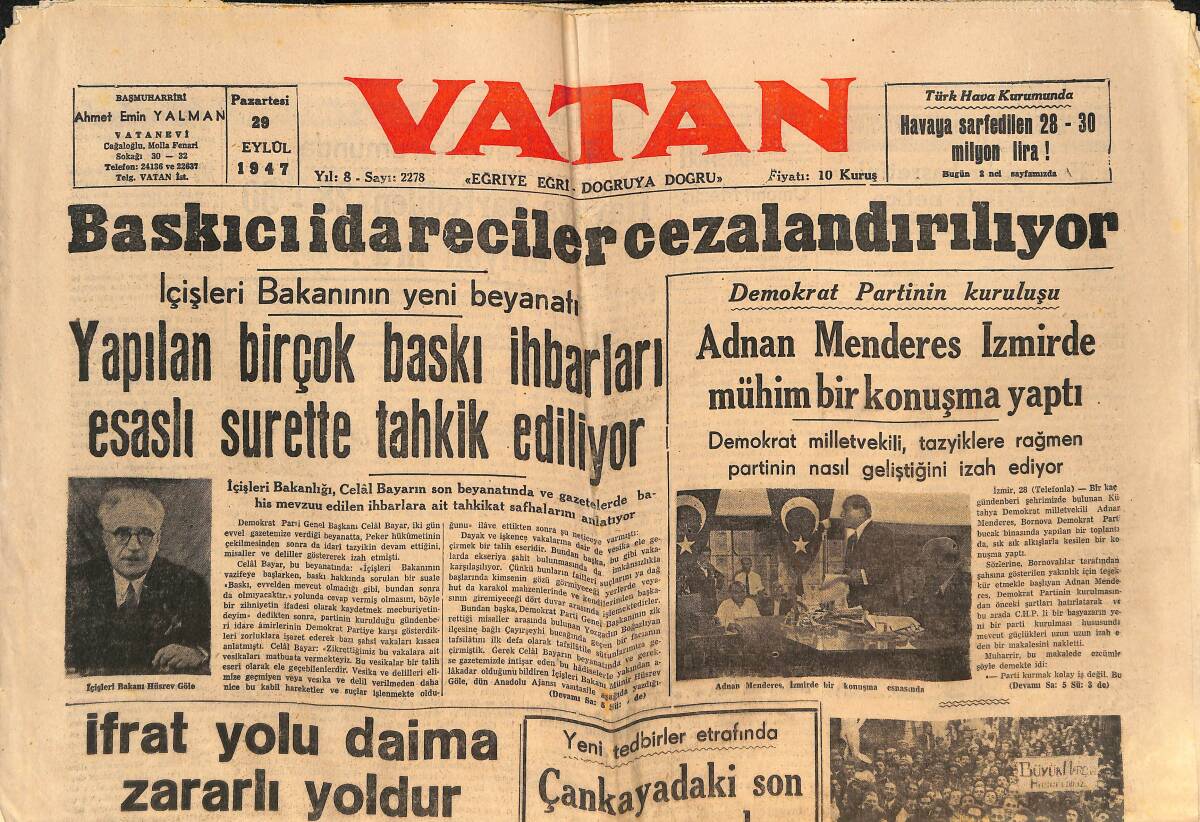 Vatan Gazetesi 29 Eylül 1947 - Adnan Menderes İzmir'de Mühim Bir Konuşma Yaptı - Aldoğan'ın Teessür Uyandıran Sözleri GZ146610 - 1