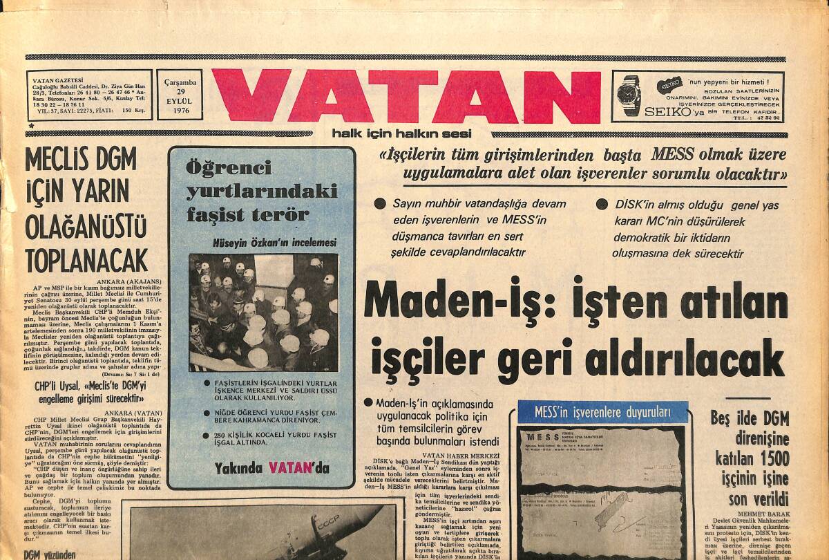 Vatan Gazetesi 29 Eylül 1976 - Galatasaray Mühendislik'te Çatışma Çıktı - MESS'in İşverenlere Duyuruları GZ161008 - 1
