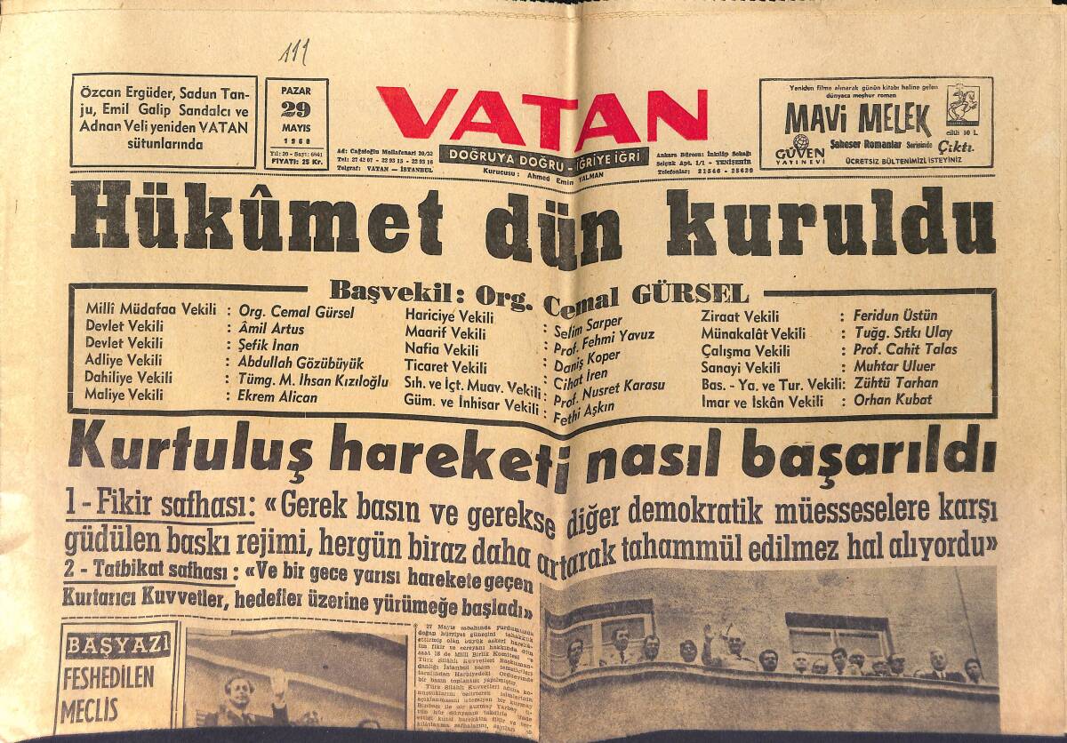 Vatan Gazetesi 29 Mayıs 1960 - Hükümet Dün Kuruldu - Kalafatoğlu Ve Biberoğlu Yakalandı GZ153999 - 1