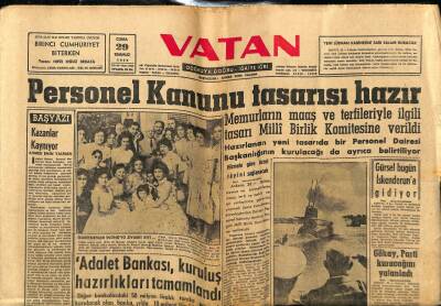 Vatan Gazetesi 29 Temmuz 1960 - Personel Kanunu Tasarısı Hazır GZ78918 - 1