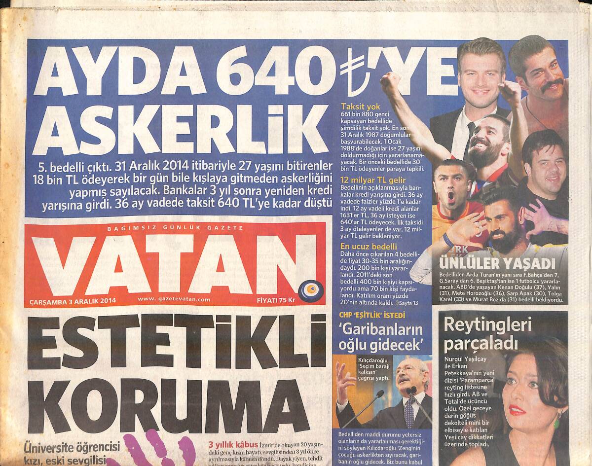 Vatan Gazetesi 3 Aralık 2014 - En Golcü Kartal Demba Ba - 5.Bedelli Askerlik Çıktı GZ159791 - 1