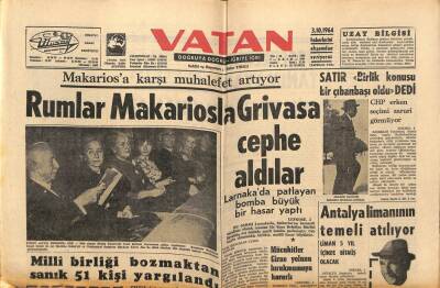Vatan Gazetesi 3 Ekim 1964 - Rumlar Makariosla Grivasa Cephe Aldılar GZ64748 - 2